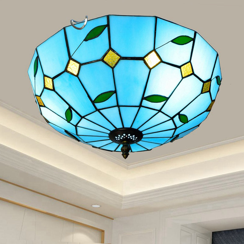 12"/16" Wide Blue Leaf Flush Ceiling Light Tiffany 2/3 Lights Stained Glass Flush Mount Lamp Clearhalo 'Ceiling Lights' 'Close To Ceiling Lights' 'Close to ceiling' 'Flush mount' Lighting' 359224