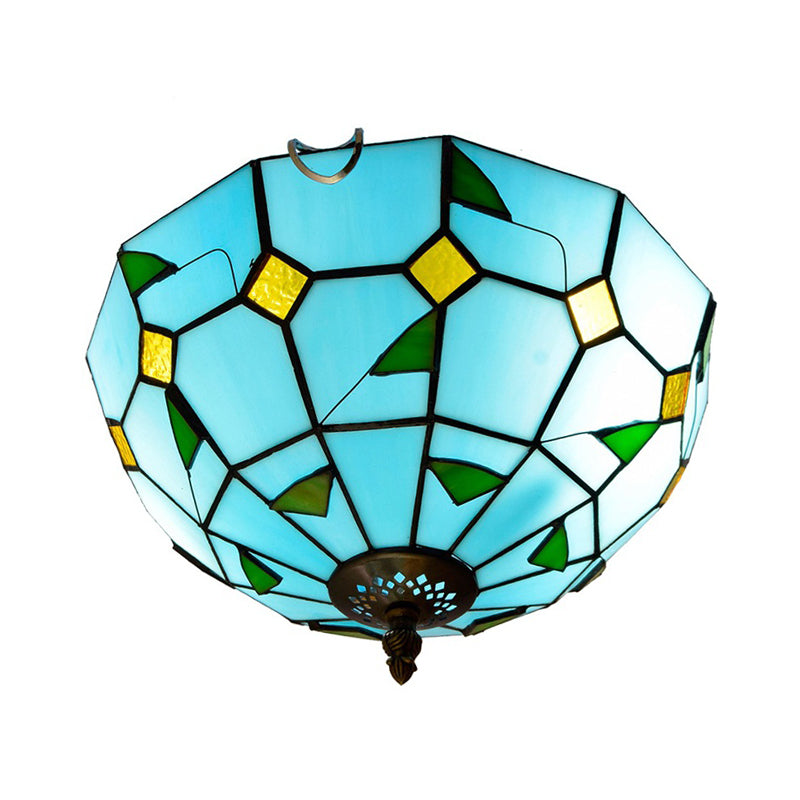 12"/16" Wide Blue Leaf Flush Ceiling Light Tiffany 2/3 Lights Stained Glass Flush Mount Lamp Clearhalo 'Ceiling Lights' 'Close To Ceiling Lights' 'Close to ceiling' 'Flush mount' Lighting' 359225