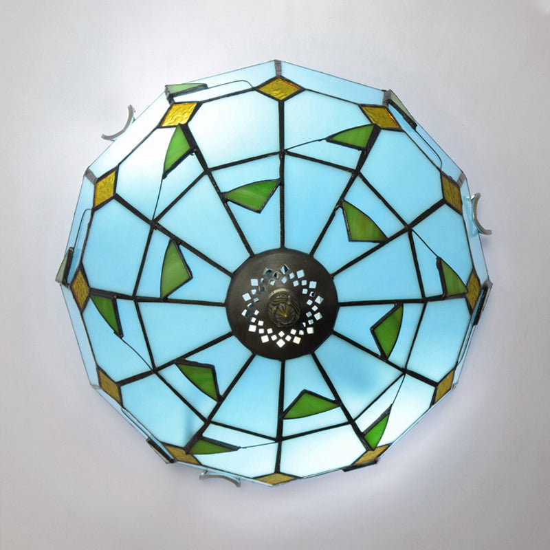 12"/16" Wide Blue Leaf Flush Ceiling Light Tiffany 2/3 Lights Stained Glass Flush Mount Lamp Clearhalo 'Ceiling Lights' 'Close To Ceiling Lights' 'Close to ceiling' 'Flush mount' Lighting' 359226