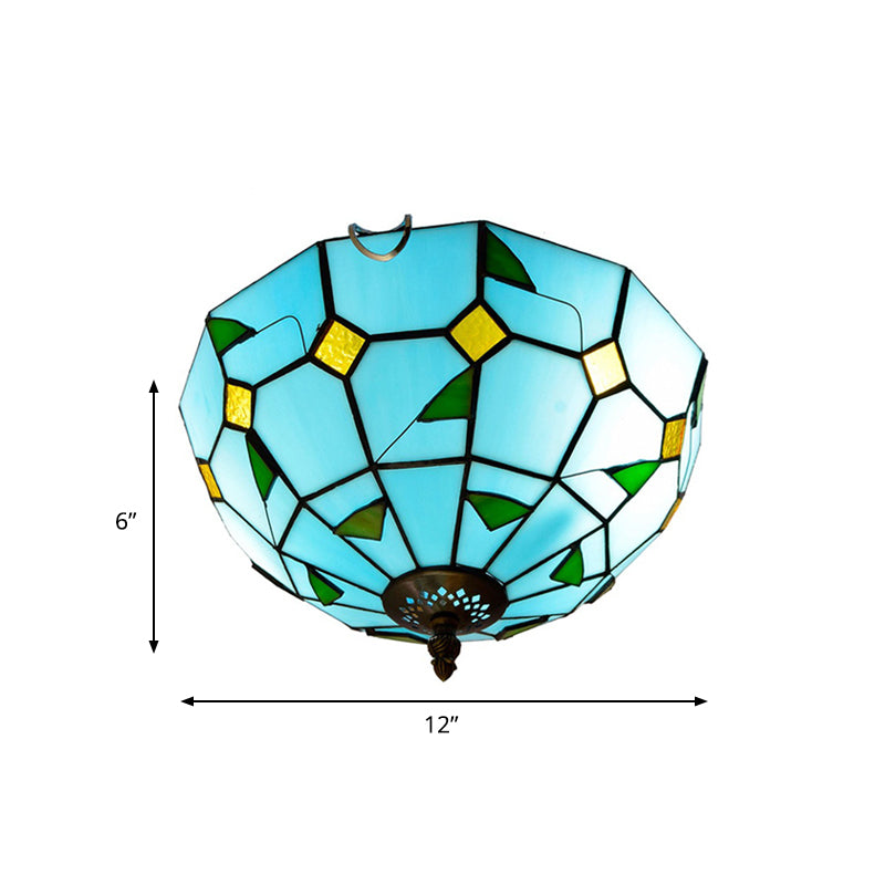 12"/16" Wide Blue Leaf Flush Ceiling Light Tiffany 2/3 Lights Stained Glass Flush Mount Lamp Clearhalo 'Ceiling Lights' 'Close To Ceiling Lights' 'Close to ceiling' 'Flush mount' Lighting' 359227