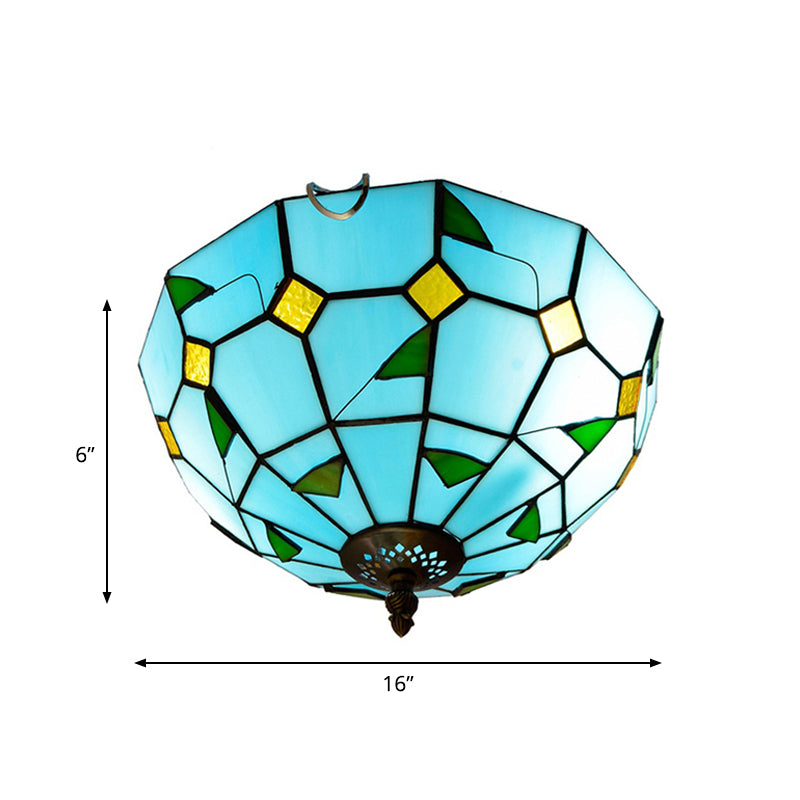 12"/16" Wide Blue Leaf Flush Ceiling Light Tiffany 2/3 Lights Stained Glass Flush Mount Lamp Clearhalo 'Ceiling Lights' 'Close To Ceiling Lights' 'Close to ceiling' 'Flush mount' Lighting' 359228