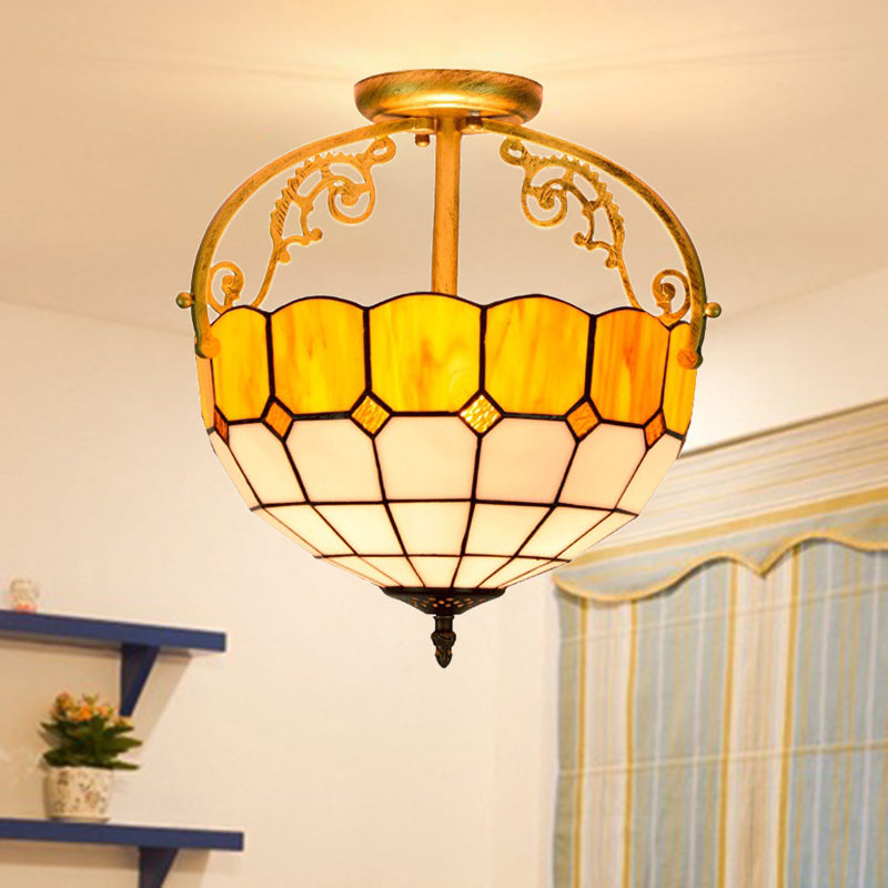 Grid Patterned Cut Glass Semi Flush Mount Baroque 2 Lights Yellow/Orange/Blue Ceiling Lighting for Dining Room Orange Clearhalo 'Ceiling Lights' 'Close To Ceiling Lights' 'Close to ceiling' 'Glass shade' 'Glass' 'Semi-flushmount' 'Tiffany close to ceiling' 'Tiffany' Lighting' 359229