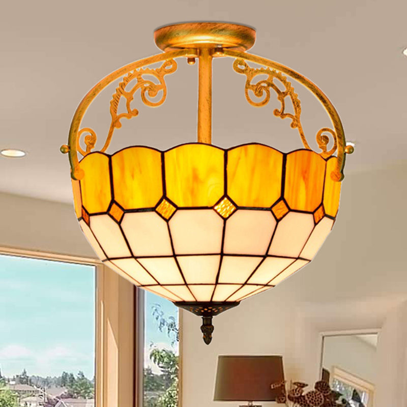 Grid Patterned Cut Glass Semi Flush Mount Baroque 2 Lights Yellow/Orange/Blue Ceiling Lighting for Dining Room Clearhalo 'Ceiling Lights' 'Close To Ceiling Lights' 'Close to ceiling' 'Glass shade' 'Glass' 'Semi-flushmount' 'Tiffany close to ceiling' 'Tiffany' Lighting' 359230