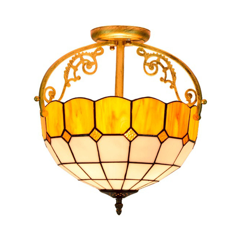 Grid Patterned Cut Glass Semi Flush Mount Baroque 2 Lights Yellow/Orange/Blue Ceiling Lighting for Dining Room Clearhalo 'Ceiling Lights' 'Close To Ceiling Lights' 'Close to ceiling' 'Glass shade' 'Glass' 'Semi-flushmount' 'Tiffany close to ceiling' 'Tiffany' Lighting' 359231