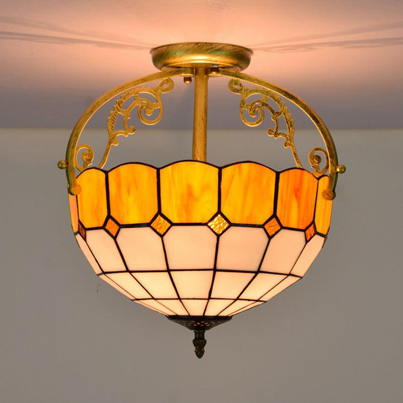 Grid Patterned Cut Glass Semi Flush Mount Baroque 2 Lights Yellow/Orange/Blue Ceiling Lighting for Dining Room Clearhalo 'Ceiling Lights' 'Close To Ceiling Lights' 'Close to ceiling' 'Glass shade' 'Glass' 'Semi-flushmount' 'Tiffany close to ceiling' 'Tiffany' Lighting' 359232