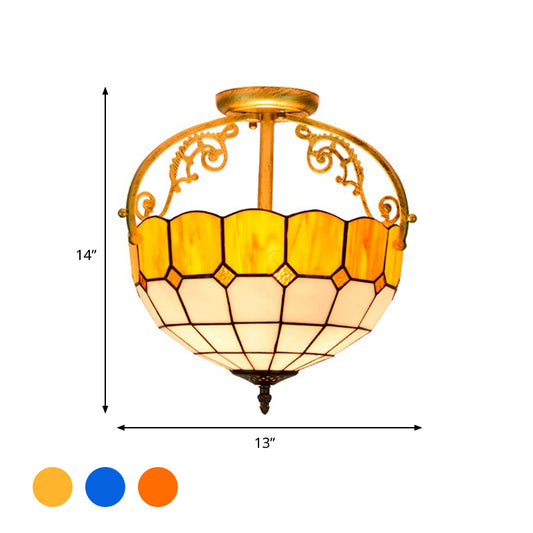 Grid Patterned Cut Glass Semi Flush Mount Baroque 2 Lights Yellow/Orange/Blue Ceiling Lighting for Dining Room Clearhalo 'Ceiling Lights' 'Close To Ceiling Lights' 'Close to ceiling' 'Glass shade' 'Glass' 'Semi-flushmount' 'Tiffany close to ceiling' 'Tiffany' Lighting' 359233