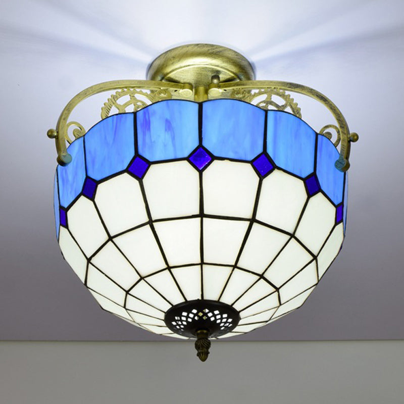 Grid Patterned Cut Glass Semi Flush Mount Baroque 2 Lights Yellow/Orange/Blue Ceiling Lighting for Dining Room Clearhalo 'Ceiling Lights' 'Close To Ceiling Lights' 'Close to ceiling' 'Glass shade' 'Glass' 'Semi-flushmount' 'Tiffany close to ceiling' 'Tiffany' Lighting' 359235
