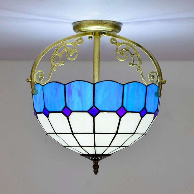 Grid Patterned Cut Glass Semi Flush Mount Baroque 2 Lights Yellow/Orange/Blue Ceiling Lighting for Dining Room Clearhalo 'Ceiling Lights' 'Close To Ceiling Lights' 'Close to ceiling' 'Glass shade' 'Glass' 'Semi-flushmount' 'Tiffany close to ceiling' 'Tiffany' Lighting' 359236