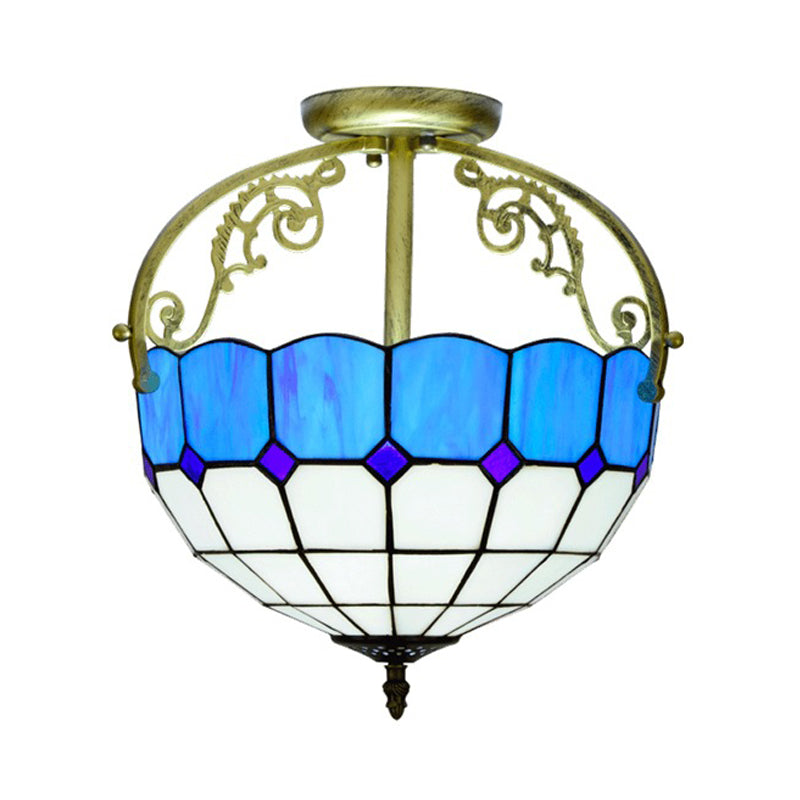 Grid Patterned Cut Glass Semi Flush Mount Baroque 2 Lights Yellow/Orange/Blue Ceiling Lighting for Dining Room Clearhalo 'Ceiling Lights' 'Close To Ceiling Lights' 'Close to ceiling' 'Glass shade' 'Glass' 'Semi-flushmount' 'Tiffany close to ceiling' 'Tiffany' Lighting' 359237