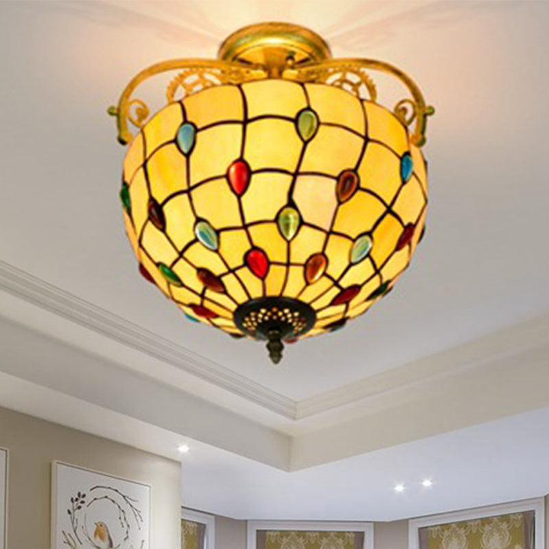 Grid Patterned Cut Glass Semi Flush Mount Baroque 2 Lights Yellow/Orange/Blue Ceiling Lighting for Dining Room Yellow Clearhalo 'Ceiling Lights' 'Close To Ceiling Lights' 'Close to ceiling' 'Glass shade' 'Glass' 'Semi-flushmount' 'Tiffany close to ceiling' 'Tiffany' Lighting' 359238