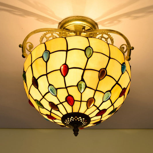 Grid Patterned Cut Glass Semi Flush Mount Baroque 2 Lights Yellow/Orange/Blue Ceiling Lighting for Dining Room Clearhalo 'Ceiling Lights' 'Close To Ceiling Lights' 'Close to ceiling' 'Glass shade' 'Glass' 'Semi-flushmount' 'Tiffany close to ceiling' 'Tiffany' Lighting' 359239
