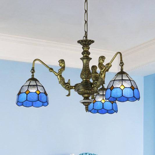 3 Lights Dining Room Ceiling Lamp Tiffany Style White/Antique Brass Chandelier Pendant Light with Dome Stained Glass Shade Clearhalo 'Ceiling Lights' 'Chandeliers' 'Industrial' 'Middle Century Chandeliers' 'Tiffany Chandeliers' 'Tiffany close to ceiling' 'Tiffany' Lighting' 35923