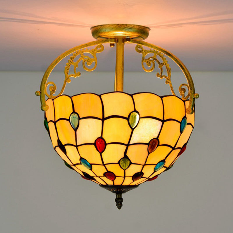 Grid Patterned Cut Glass Semi Flush Mount Baroque 2 Lights Yellow/Orange/Blue Ceiling Lighting for Dining Room Clearhalo 'Ceiling Lights' 'Close To Ceiling Lights' 'Close to ceiling' 'Glass shade' 'Glass' 'Semi-flushmount' 'Tiffany close to ceiling' 'Tiffany' Lighting' 359240