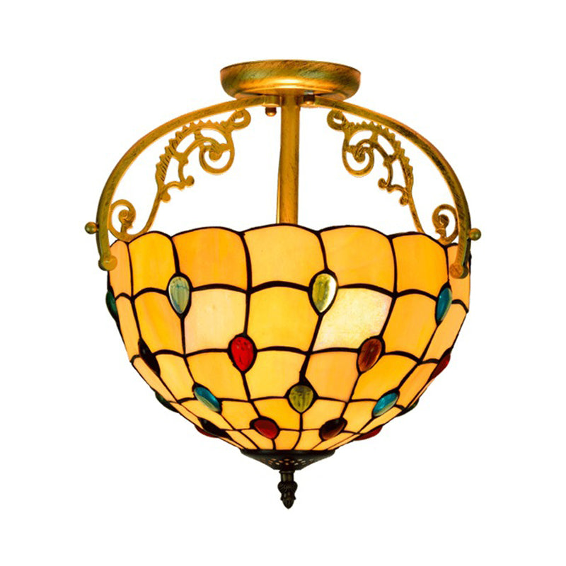 Grid Patterned Cut Glass Semi Flush Mount Baroque 2 Lights Yellow/Orange/Blue Ceiling Lighting for Dining Room Clearhalo 'Ceiling Lights' 'Close To Ceiling Lights' 'Close to ceiling' 'Glass shade' 'Glass' 'Semi-flushmount' 'Tiffany close to ceiling' 'Tiffany' Lighting' 359241