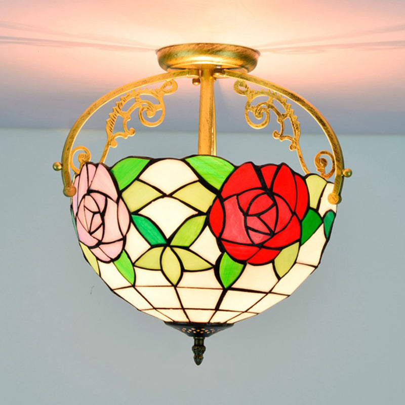 Rose Semi Flush Mount Lighting 2 Lights Stained Glass Mediterranean Ceiling Mounted Fixture in Red/Pink/Blue Red Clearhalo 'Ceiling Lights' 'Close To Ceiling Lights' 'Close to ceiling' 'Glass shade' 'Glass' 'Pendant Lights' 'Semi-flushmount' 'Tiffany close to ceiling' 'Tiffany' Lighting' 359247