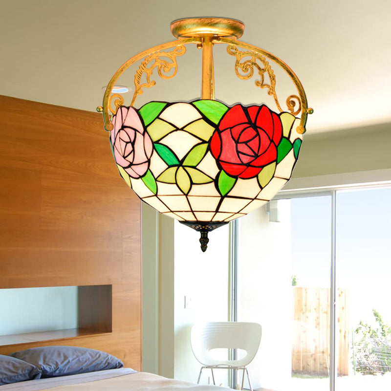 Rose Semi Flush Mount Lighting 2 Lights Stained Glass Mediterranean Ceiling Mounted Fixture in Red/Pink/Blue Clearhalo 'Ceiling Lights' 'Close To Ceiling Lights' 'Close to ceiling' 'Glass shade' 'Glass' 'Pendant Lights' 'Semi-flushmount' 'Tiffany close to ceiling' 'Tiffany' Lighting' 359248