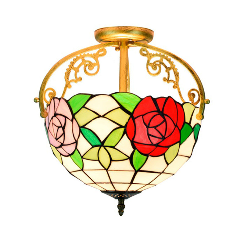 Rose Semi Flush Mount Lighting 2 Lights Stained Glass Mediterranean Ceiling Mounted Fixture in Red/Pink/Blue Clearhalo 'Ceiling Lights' 'Close To Ceiling Lights' 'Close to ceiling' 'Glass shade' 'Glass' 'Pendant Lights' 'Semi-flushmount' 'Tiffany close to ceiling' 'Tiffany' Lighting' 359250