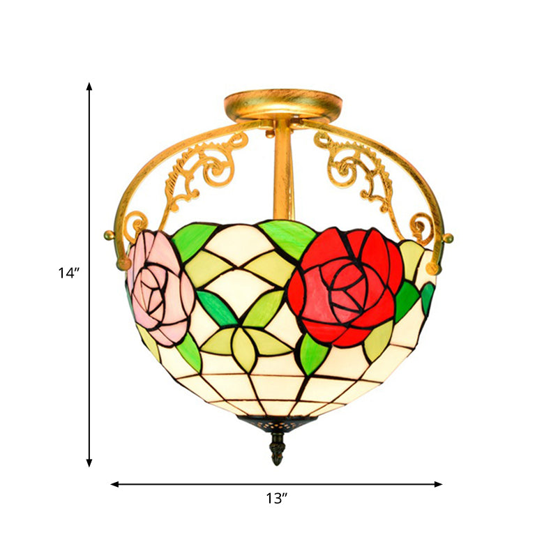 Rose Semi Flush Mount Lighting 2 Lights Stained Glass Mediterranean Ceiling Mounted Fixture in Red/Pink/Blue Clearhalo 'Ceiling Lights' 'Close To Ceiling Lights' 'Close to ceiling' 'Glass shade' 'Glass' 'Pendant Lights' 'Semi-flushmount' 'Tiffany close to ceiling' 'Tiffany' Lighting' 359251