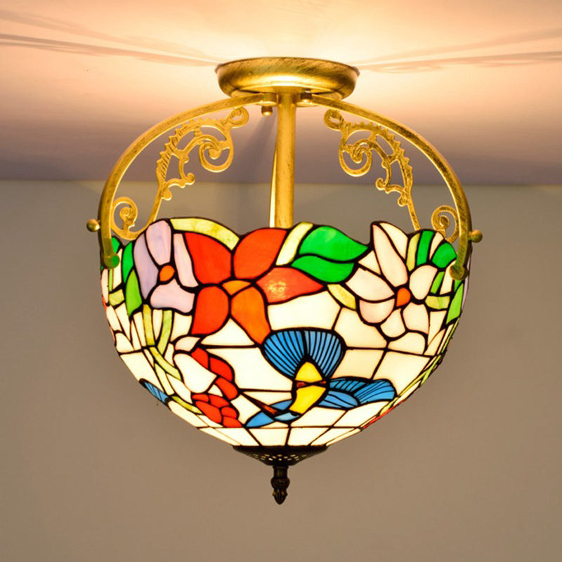 Rose Semi Flush Mount Lighting 2 Lights Stained Glass Mediterranean Ceiling Mounted Fixture in Red/Pink/Blue Clearhalo 'Ceiling Lights' 'Close To Ceiling Lights' 'Close to ceiling' 'Glass shade' 'Glass' 'Pendant Lights' 'Semi-flushmount' 'Tiffany close to ceiling' 'Tiffany' Lighting' 359253