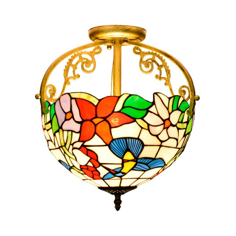 Rose Semi Flush Mount Lighting 2 Lights Stained Glass Mediterranean Ceiling Mounted Fixture in Red/Pink/Blue Clearhalo 'Ceiling Lights' 'Close To Ceiling Lights' 'Close to ceiling' 'Glass shade' 'Glass' 'Pendant Lights' 'Semi-flushmount' 'Tiffany close to ceiling' 'Tiffany' Lighting' 359254