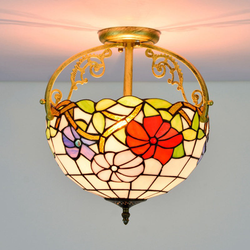 Rose Semi Flush Mount Lighting 2 Lights Stained Glass Mediterranean Ceiling Mounted Fixture in Red/Pink/Blue Clearhalo 'Ceiling Lights' 'Close To Ceiling Lights' 'Close to ceiling' 'Glass shade' 'Glass' 'Pendant Lights' 'Semi-flushmount' 'Tiffany close to ceiling' 'Tiffany' Lighting' 359257