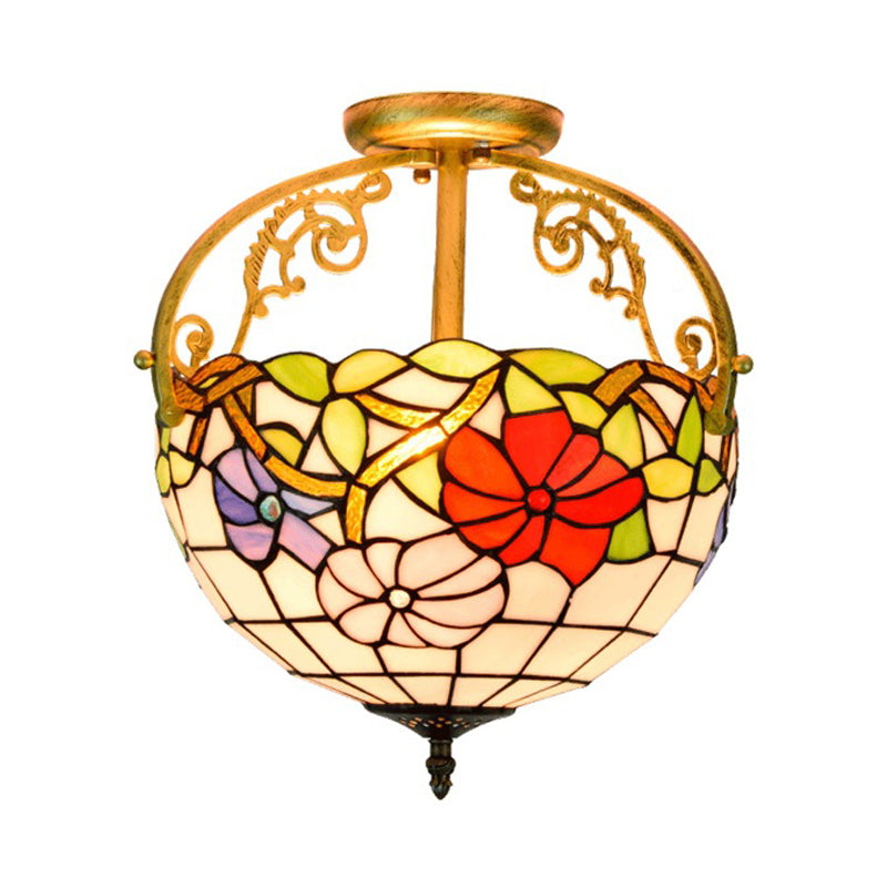 Rose Semi Flush Mount Lighting 2 Lights Stained Glass Mediterranean Ceiling Mounted Fixture in Red/Pink/Blue Clearhalo 'Ceiling Lights' 'Close To Ceiling Lights' 'Close to ceiling' 'Glass shade' 'Glass' 'Pendant Lights' 'Semi-flushmount' 'Tiffany close to ceiling' 'Tiffany' Lighting' 359259
