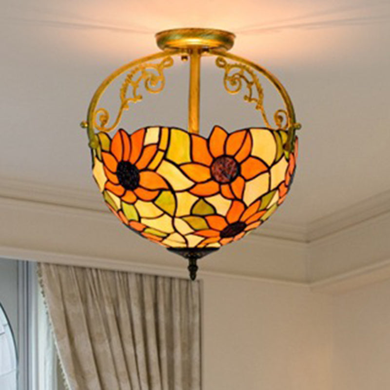 Rose Semi Flush Mount Lighting 2 Lights Stained Glass Mediterranean Ceiling Mounted Fixture in Red/Pink/Blue Orange Clearhalo 'Ceiling Lights' 'Close To Ceiling Lights' 'Close to ceiling' 'Glass shade' 'Glass' 'Pendant Lights' 'Semi-flushmount' 'Tiffany close to ceiling' 'Tiffany' Lighting' 359261