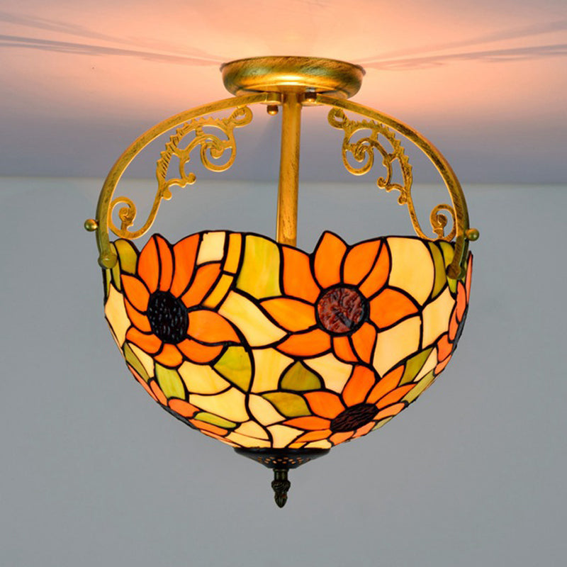 Rose Semi Flush Mount Lighting 2 Lights Stained Glass Mediterranean Ceiling Mounted Fixture in Red/Pink/Blue Clearhalo 'Ceiling Lights' 'Close To Ceiling Lights' 'Close to ceiling' 'Glass shade' 'Glass' 'Pendant Lights' 'Semi-flushmount' 'Tiffany close to ceiling' 'Tiffany' Lighting' 359262