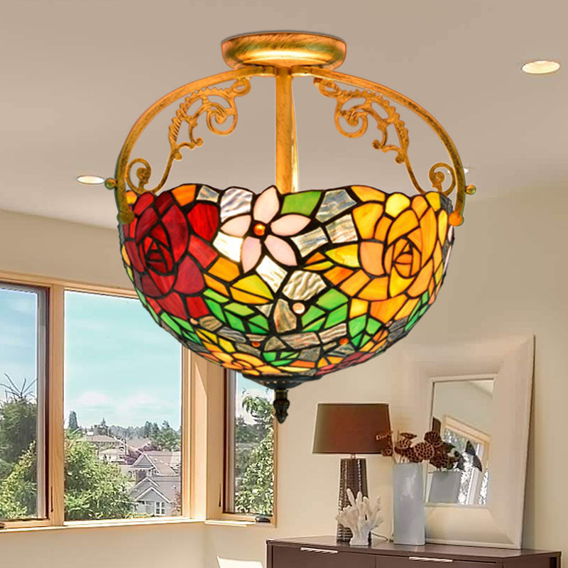 2 Lights Floral Bush Semi Flush Light Fixture Victorian Red/Pink/Green Cut Glass Ceiling Flush for Corridor Red Clearhalo 'Ceiling Lights' 'Close To Ceiling Lights' 'Close to ceiling' 'Glass shade' 'Glass' 'Pendant Lights' 'Semi-flushmount' 'Tiffany close to ceiling' 'Tiffany' Lighting' 359277