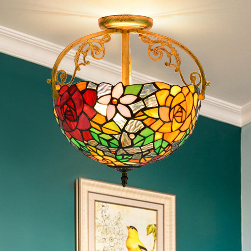 2 Lights Floral Bush Semi Flush Light Fixture Victorian Red/Pink/Green Cut Glass Ceiling Flush for Corridor Clearhalo 'Ceiling Lights' 'Close To Ceiling Lights' 'Close to ceiling' 'Glass shade' 'Glass' 'Pendant Lights' 'Semi-flushmount' 'Tiffany close to ceiling' 'Tiffany' Lighting' 359278