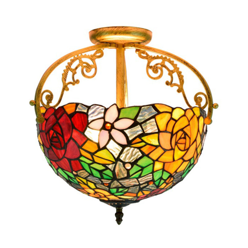 2 Lights Floral Bush Semi Flush Light Fixture Victorian Red/Pink/Green Cut Glass Ceiling Flush for Corridor Clearhalo 'Ceiling Lights' 'Close To Ceiling Lights' 'Close to ceiling' 'Glass shade' 'Glass' 'Pendant Lights' 'Semi-flushmount' 'Tiffany close to ceiling' 'Tiffany' Lighting' 359279