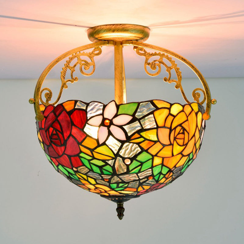2 Lights Floral Bush Semi Flush Light Fixture Victorian Red/Pink/Green Cut Glass Ceiling Flush for Corridor Clearhalo 'Ceiling Lights' 'Close To Ceiling Lights' 'Close to ceiling' 'Glass shade' 'Glass' 'Pendant Lights' 'Semi-flushmount' 'Tiffany close to ceiling' 'Tiffany' Lighting' 359280