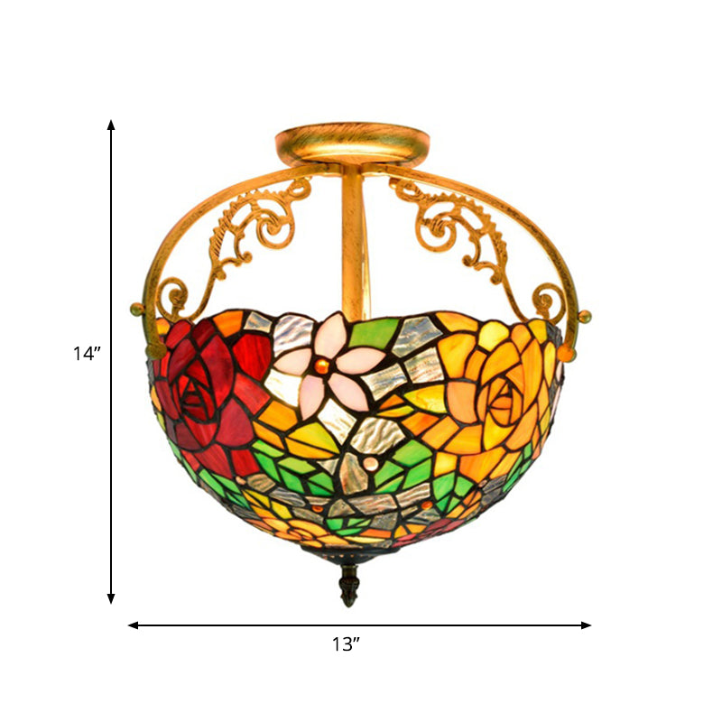 2 Lights Floral Bush Semi Flush Light Fixture Victorian Red/Pink/Green Cut Glass Ceiling Flush for Corridor Clearhalo 'Ceiling Lights' 'Close To Ceiling Lights' 'Close to ceiling' 'Glass shade' 'Glass' 'Pendant Lights' 'Semi-flushmount' 'Tiffany close to ceiling' 'Tiffany' Lighting' 359281