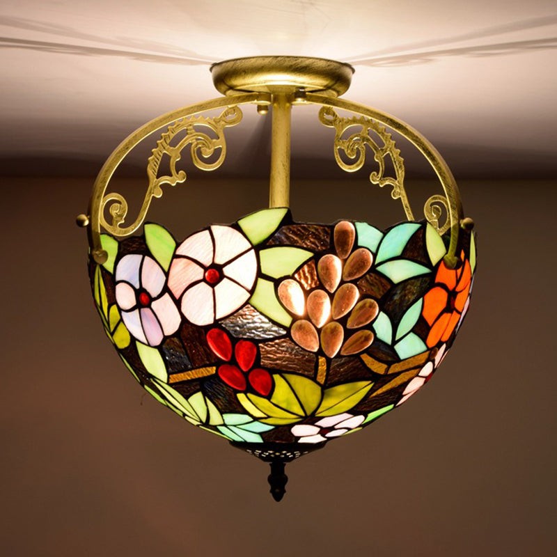 2 Lights Floral Bush Semi Flush Light Fixture Victorian Red/Pink/Green Cut Glass Ceiling Flush for Corridor Clearhalo 'Ceiling Lights' 'Close To Ceiling Lights' 'Close to ceiling' 'Glass shade' 'Glass' 'Pendant Lights' 'Semi-flushmount' 'Tiffany close to ceiling' 'Tiffany' Lighting' 359283