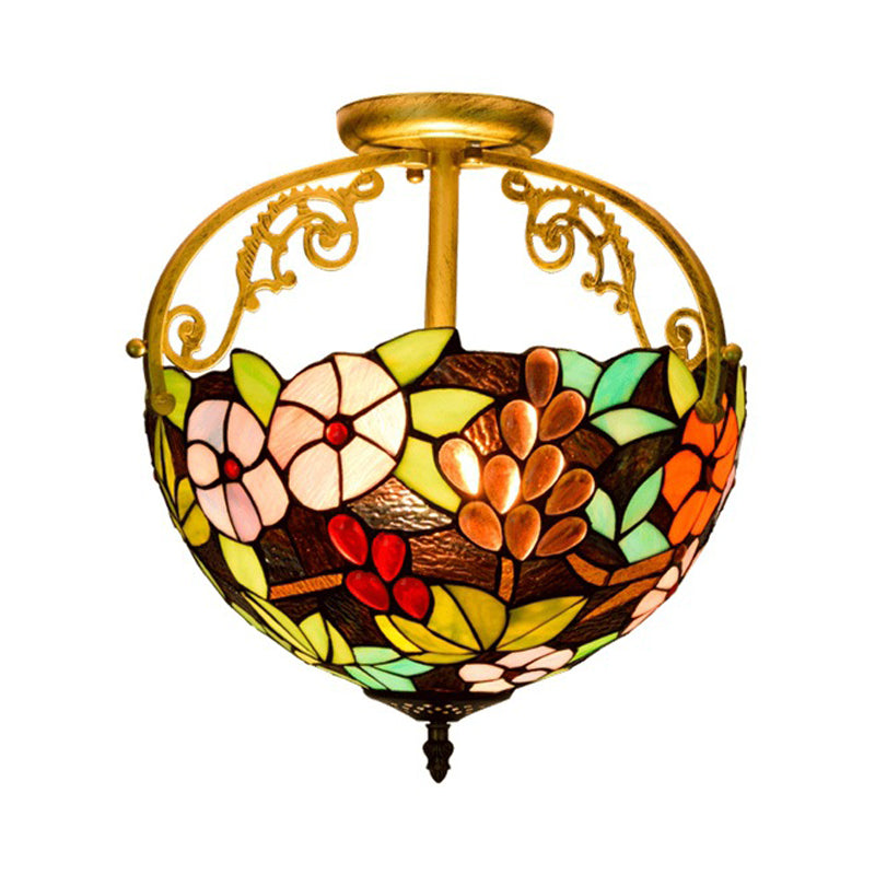 2 Lights Floral Bush Semi Flush Light Fixture Victorian Red/Pink/Green Cut Glass Ceiling Flush for Corridor Clearhalo 'Ceiling Lights' 'Close To Ceiling Lights' 'Close to ceiling' 'Glass shade' 'Glass' 'Pendant Lights' 'Semi-flushmount' 'Tiffany close to ceiling' 'Tiffany' Lighting' 359284