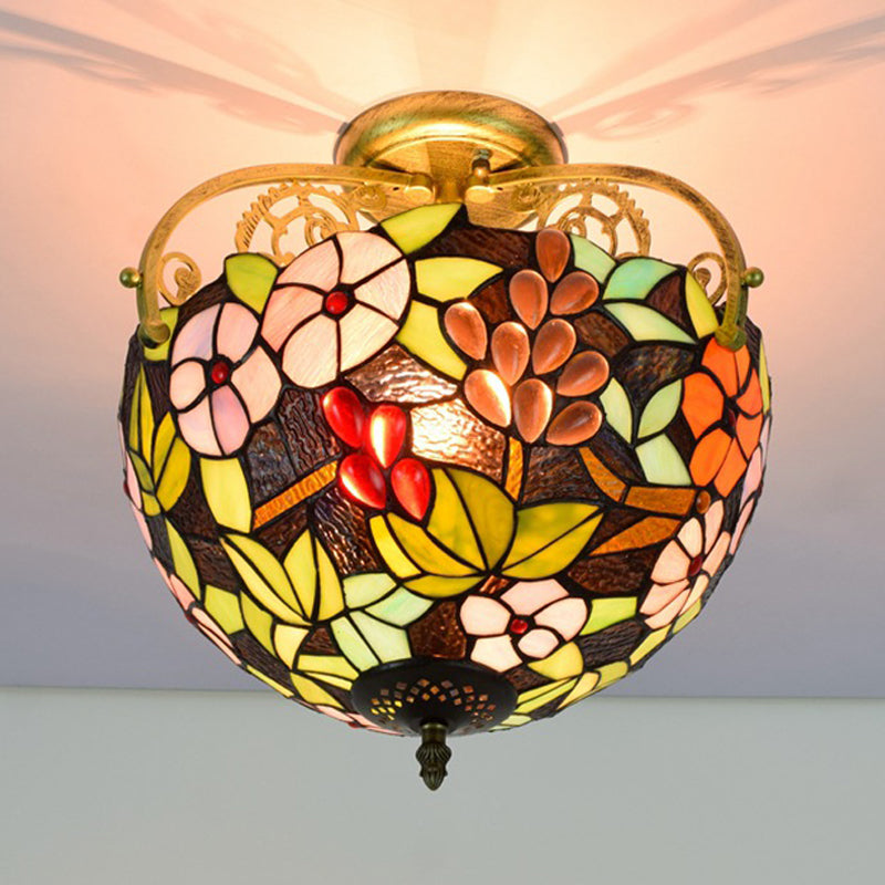 2 Lights Floral Bush Semi Flush Light Fixture Victorian Red/Pink/Green Cut Glass Ceiling Flush for Corridor Clearhalo 'Ceiling Lights' 'Close To Ceiling Lights' 'Close to ceiling' 'Glass shade' 'Glass' 'Pendant Lights' 'Semi-flushmount' 'Tiffany close to ceiling' 'Tiffany' Lighting' 359285