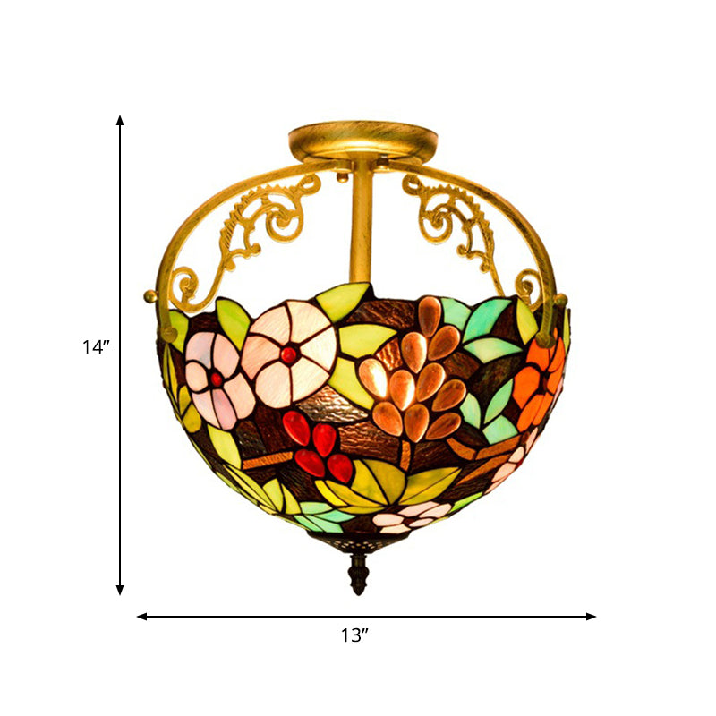 2 Lights Floral Bush Semi Flush Light Fixture Victorian Red/Pink/Green Cut Glass Ceiling Flush for Corridor Clearhalo 'Ceiling Lights' 'Close To Ceiling Lights' 'Close to ceiling' 'Glass shade' 'Glass' 'Pendant Lights' 'Semi-flushmount' 'Tiffany close to ceiling' 'Tiffany' Lighting' 359286