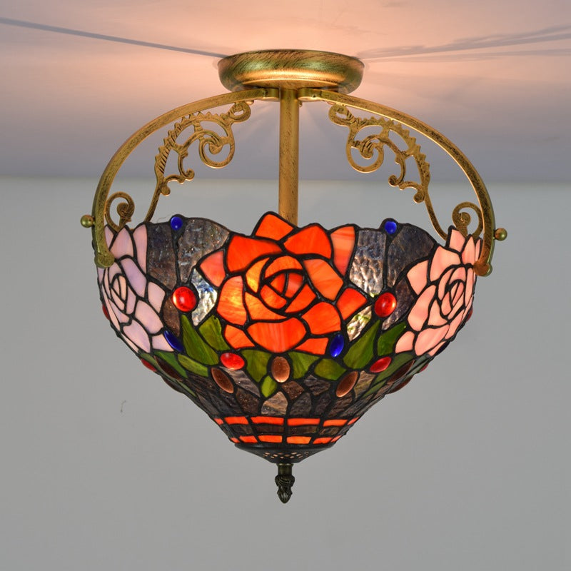 2 Lights Floral Bush Semi Flush Light Fixture Victorian Red/Pink/Green Cut Glass Ceiling Flush for Corridor Clearhalo 'Ceiling Lights' 'Close To Ceiling Lights' 'Close to ceiling' 'Glass shade' 'Glass' 'Pendant Lights' 'Semi-flushmount' 'Tiffany close to ceiling' 'Tiffany' Lighting' 359288