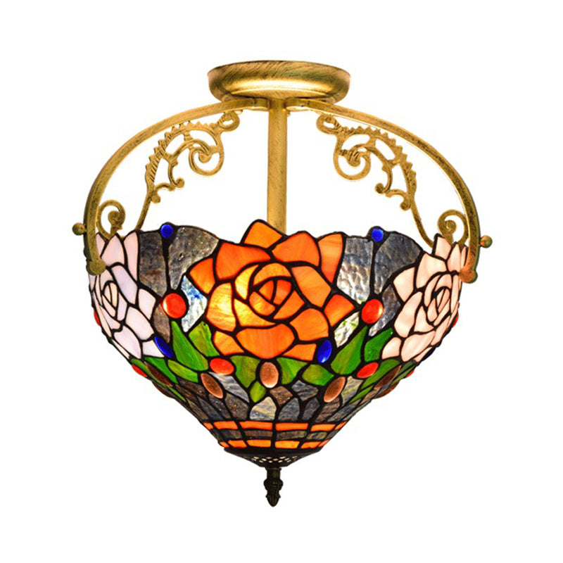 2 Lights Floral Bush Semi Flush Light Fixture Victorian Red/Pink/Green Cut Glass Ceiling Flush for Corridor Clearhalo 'Ceiling Lights' 'Close To Ceiling Lights' 'Close to ceiling' 'Glass shade' 'Glass' 'Pendant Lights' 'Semi-flushmount' 'Tiffany close to ceiling' 'Tiffany' Lighting' 359289