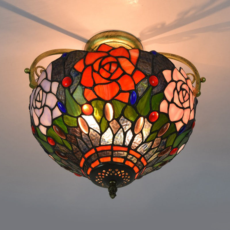 2 Lights Floral Bush Semi Flush Light Fixture Victorian Red/Pink/Green Cut Glass Ceiling Flush for Corridor Clearhalo 'Ceiling Lights' 'Close To Ceiling Lights' 'Close to ceiling' 'Glass shade' 'Glass' 'Pendant Lights' 'Semi-flushmount' 'Tiffany close to ceiling' 'Tiffany' Lighting' 359290