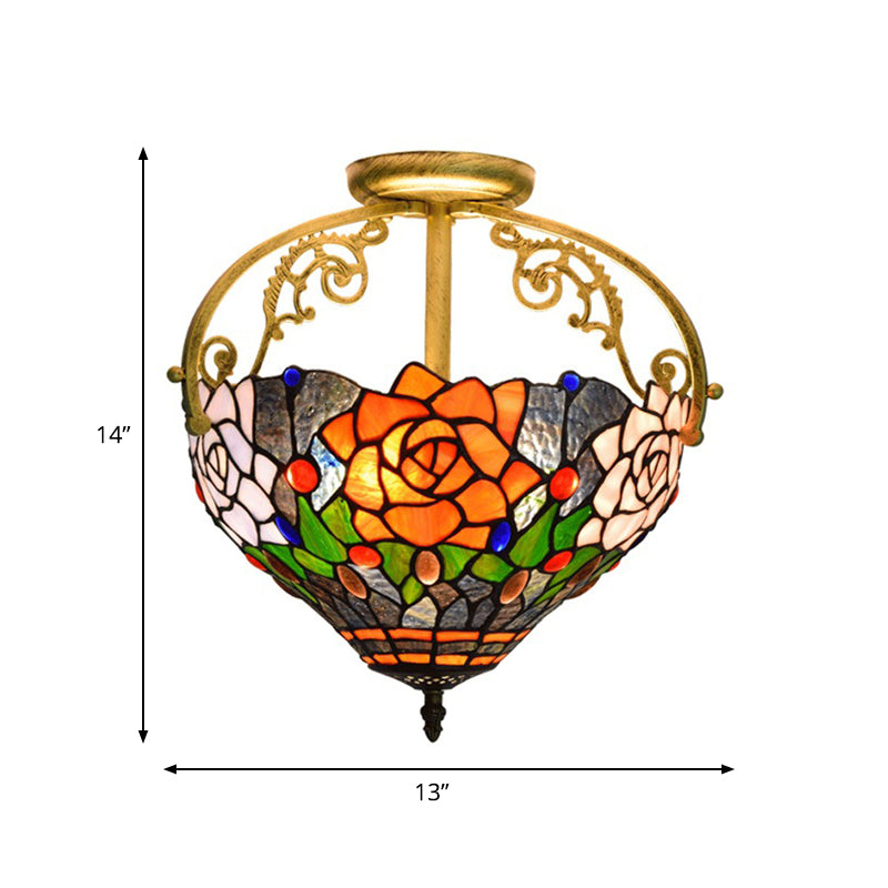 2 Lights Floral Bush Semi Flush Light Fixture Victorian Red/Pink/Green Cut Glass Ceiling Flush for Corridor Clearhalo 'Ceiling Lights' 'Close To Ceiling Lights' 'Close to ceiling' 'Glass shade' 'Glass' 'Pendant Lights' 'Semi-flushmount' 'Tiffany close to ceiling' 'Tiffany' Lighting' 359291