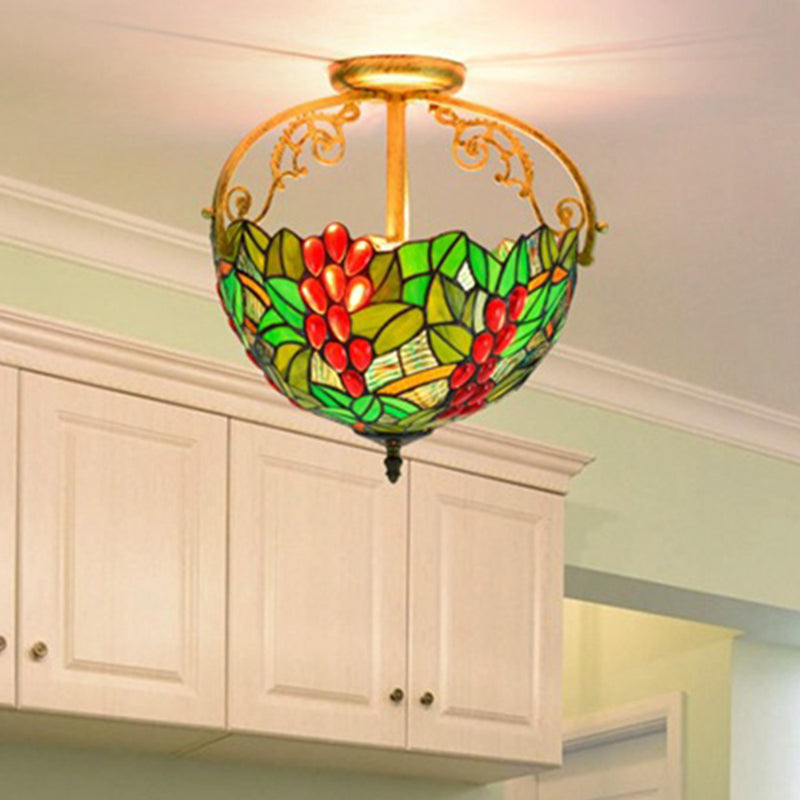 2 Lights Floral Bush Semi Flush Light Fixture Victorian Red/Pink/Green Cut Glass Ceiling Flush for Corridor Green Clearhalo 'Ceiling Lights' 'Close To Ceiling Lights' 'Close to ceiling' 'Glass shade' 'Glass' 'Pendant Lights' 'Semi-flushmount' 'Tiffany close to ceiling' 'Tiffany' Lighting' 359292