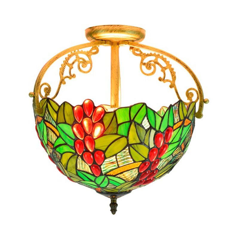2 Lights Floral Bush Semi Flush Light Fixture Victorian Red/Pink/Green Cut Glass Ceiling Flush for Corridor Clearhalo 'Ceiling Lights' 'Close To Ceiling Lights' 'Close to ceiling' 'Glass shade' 'Glass' 'Pendant Lights' 'Semi-flushmount' 'Tiffany close to ceiling' 'Tiffany' Lighting' 359293