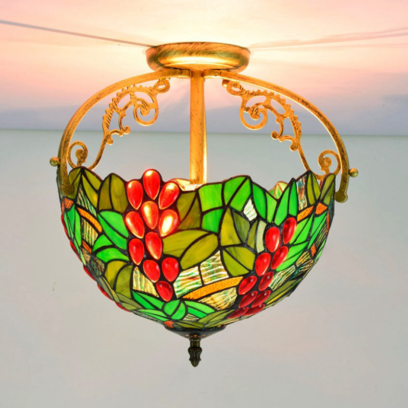 2 Lights Floral Bush Semi Flush Light Fixture Victorian Red/Pink/Green Cut Glass Ceiling Flush for Corridor Clearhalo 'Ceiling Lights' 'Close To Ceiling Lights' 'Close to ceiling' 'Glass shade' 'Glass' 'Pendant Lights' 'Semi-flushmount' 'Tiffany close to ceiling' 'Tiffany' Lighting' 359294