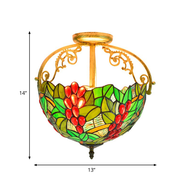 2 Lights Floral Bush Semi Flush Light Fixture Victorian Red/Pink/Green Cut Glass Ceiling Flush for Corridor Clearhalo 'Ceiling Lights' 'Close To Ceiling Lights' 'Close to ceiling' 'Glass shade' 'Glass' 'Pendant Lights' 'Semi-flushmount' 'Tiffany close to ceiling' 'Tiffany' Lighting' 359295
