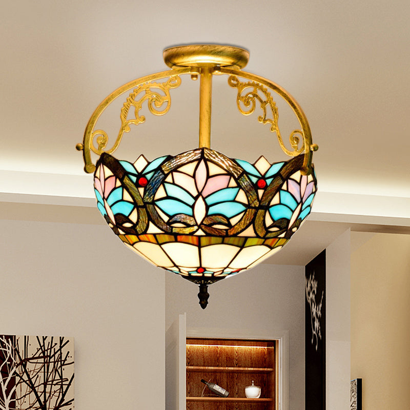 2 Lights Semi Flush Mount Lighting Mediterranean Petal Stained Glass Ceiling Lamp in Yellow/Brown/Blue for Bedroom Clearhalo 'Ceiling Lights' 'Close To Ceiling Lights' 'Close to ceiling' 'Glass shade' 'Glass' 'Semi-flushmount' 'Tiffany close to ceiling' 'Tiffany' Lighting' 359302