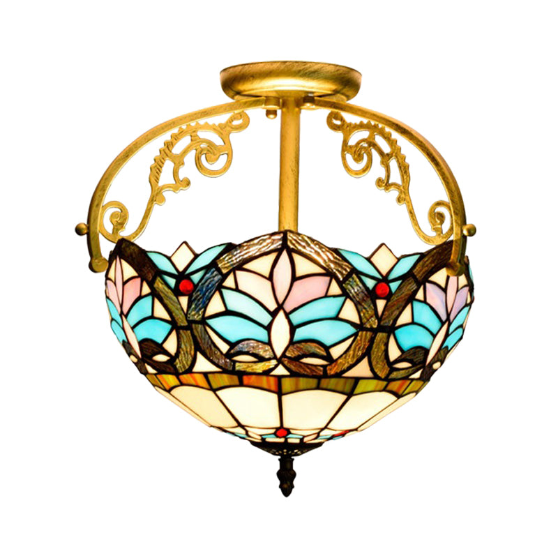 2 Lights Semi Flush Mount Lighting Mediterranean Petal Stained Glass Ceiling Lamp in Yellow/Brown/Blue for Bedroom Clearhalo 'Ceiling Lights' 'Close To Ceiling Lights' 'Close to ceiling' 'Glass shade' 'Glass' 'Semi-flushmount' 'Tiffany close to ceiling' 'Tiffany' Lighting' 359303