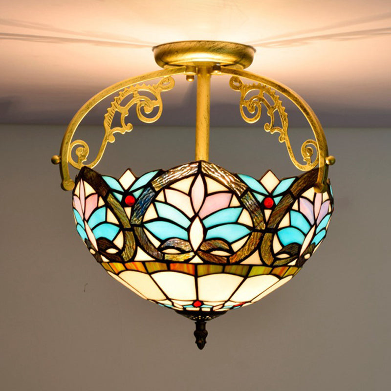 2 Lights Semi Flush Mount Lighting Mediterranean Petal Stained Glass Ceiling Lamp in Yellow/Brown/Blue for Bedroom Clearhalo 'Ceiling Lights' 'Close To Ceiling Lights' 'Close to ceiling' 'Glass shade' 'Glass' 'Semi-flushmount' 'Tiffany close to ceiling' 'Tiffany' Lighting' 359304