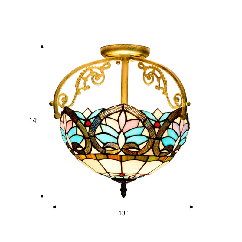 2 Lights Semi Flush Mount Lighting Mediterranean Petal Stained Glass Ceiling Lamp in Yellow/Brown/Blue for Bedroom Clearhalo 'Ceiling Lights' 'Close To Ceiling Lights' 'Close to ceiling' 'Glass shade' 'Glass' 'Semi-flushmount' 'Tiffany close to ceiling' 'Tiffany' Lighting' 359305