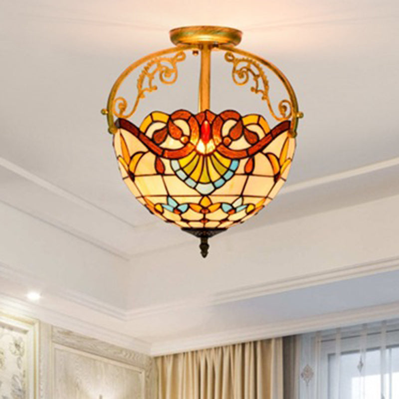 2 Lights Semi Flush Mount Lighting Mediterranean Petal Stained Glass Ceiling Lamp in Yellow/Brown/Blue for Bedroom Yellow Clearhalo 'Ceiling Lights' 'Close To Ceiling Lights' 'Close to ceiling' 'Glass shade' 'Glass' 'Semi-flushmount' 'Tiffany close to ceiling' 'Tiffany' Lighting' 359306
